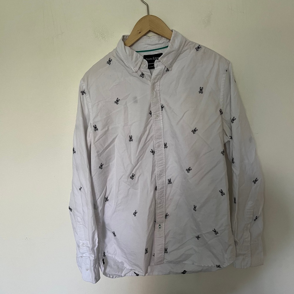 Psycho Bunny Mens White Embroidered Bunny Logo Long Sleeve Button Down Shirt M